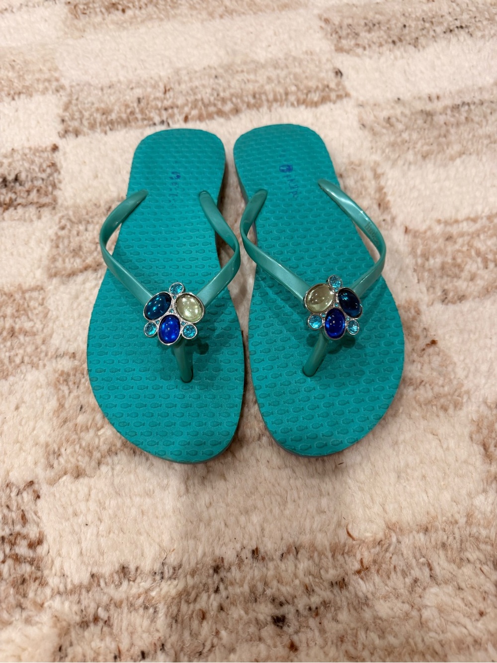 Teal Jewel-Embellished Flip Flops